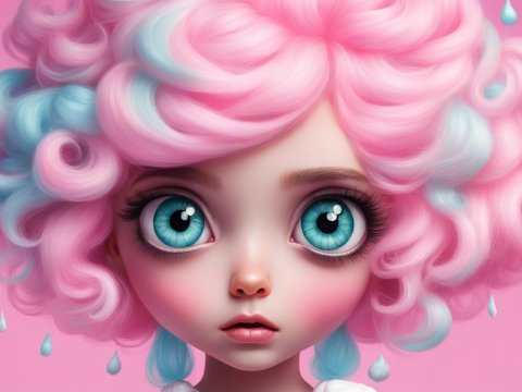 Cute Character with Cotton Candy Hair and Big Blue Eyes