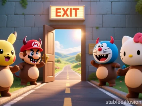 Cute Characters in Devil Costumes Welcoming at Exit Door