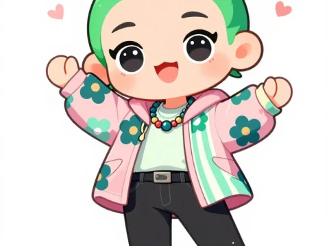 Cute Chibi Character with Green Hair and Floral Jacket