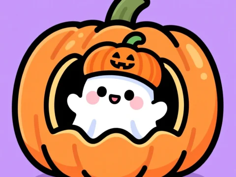Cute Chibi Ghost Inside Pumpkin with Jack-o'-Lantern Hat