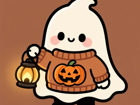 Cute Chibi Ghost Wearing Pumpkin Sweater Holding Lantern