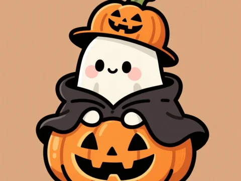 Cute Chibi Ghost with Pumpkin Hat and Jack-o'-Lantern