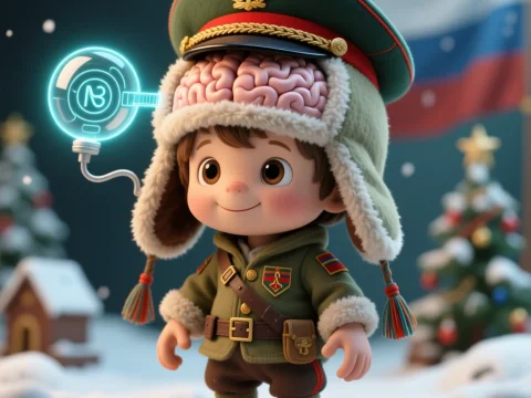 Cute Child with Exposed Brain in Ushanka Hat and Military Uniform