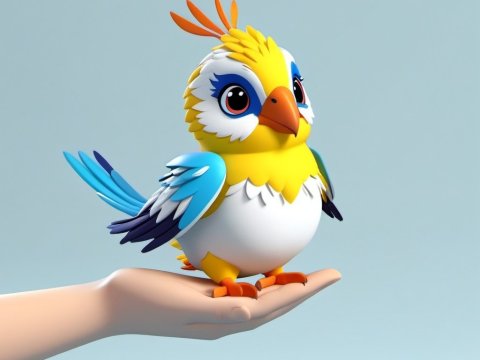 Cute Colorful Cartoon Bird on Hand 3D Render