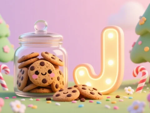 Cute Cookie Jar with Smiling Cookies and Lighted Letter J
