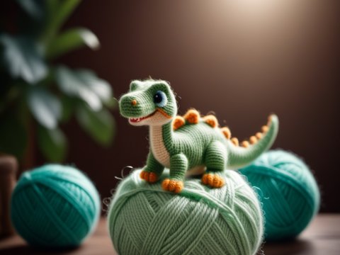 Cute Crocheted Dinosaur Toy on Yarn Ball