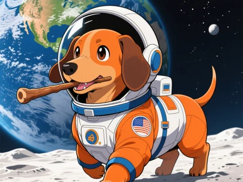 Cute Dachshund Dog in Astronaut Suit on the Moon