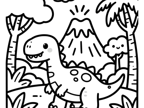 Cute Dinosaur in Jungle Coloring Page