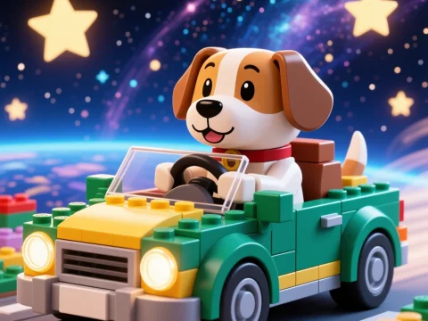 Cute Dog Driving a Colorful Toy Car in a Starry Space Scene
