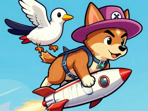 Cute Dog Pirate Riding a Rocket with a Flying Seagull