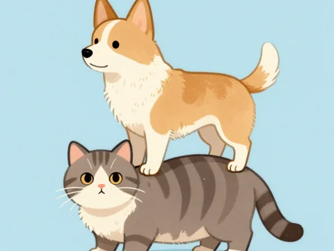 Cute Dog Standing on Cat Illustration