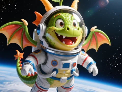 Cute Dragon in Astronaut Suit Floating in Space