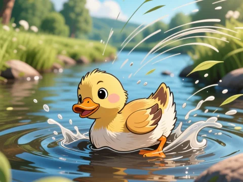 Cute Duckling Splashing in a Sunny River