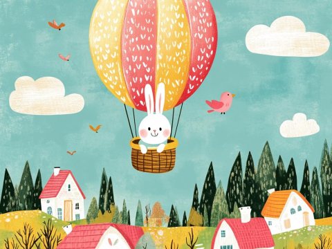 Cute Easter Bunny Flying in Hot Air Balloon Over Village