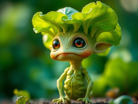 Cute Fantasy Creature with Lettuce Leaf Hat
