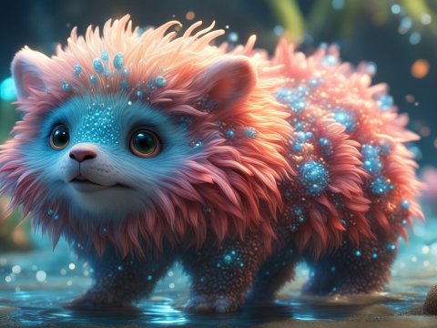 Cute Fantasy Creature with Vibrant Fur and Blue Orbs
