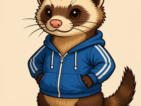Cute Ferret Wearing Blue Sporty Hoodie