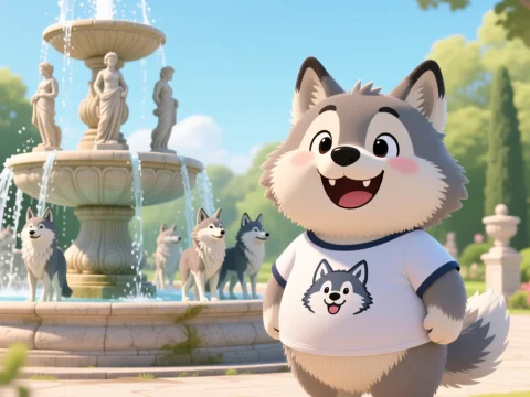 Cute Fluffy Wolf Character by Fountain in Sunny Park