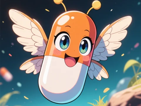 Cute Flying Pill Character with Wings in Anime Style