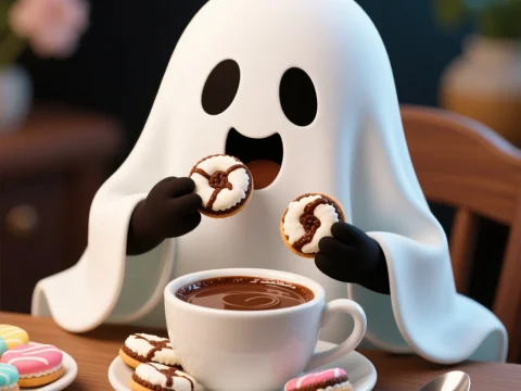 Cute Ghost Enjoying Cookies and Hot Chocolate
