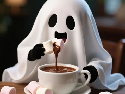Cute Ghost Enjoying Hot Chocolate with Marshmallows