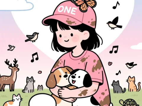 Cute Girl Hugging Dogs Surrounded by Animals in Cartoon Style