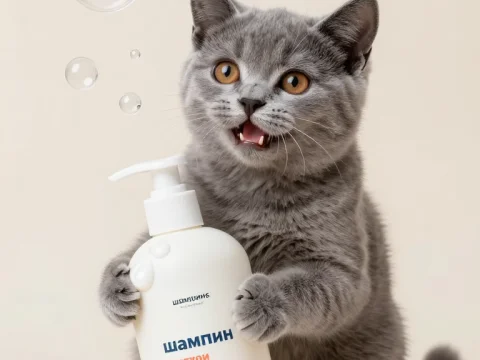 Cute Gray Kitten Holding Shampoo Bottle with Bubbles