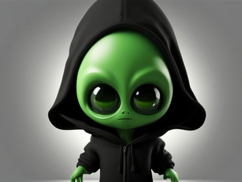 Cute Green Alien in Black Hoodie