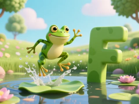 Cute Green Frog Jumping Over a Lily Pad Next to a Large Letter F