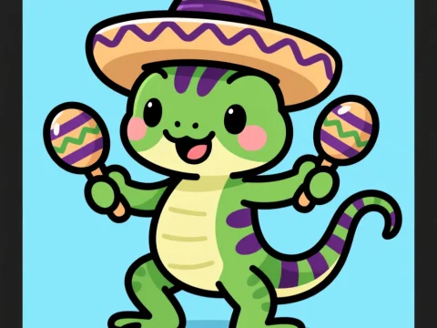 Cute Green Lizard Dancing with Maracas and Sombrero