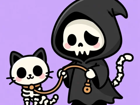 Cute Grim Reaper Walking a Skeleton Cat