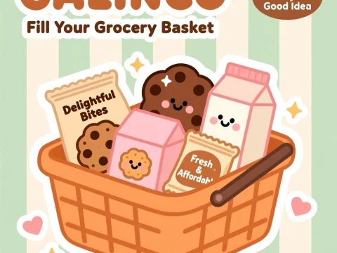 Cute Grocery Basket with Smiling Cookies and Milk
