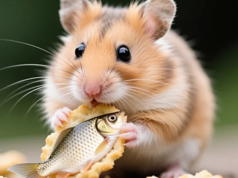 Cute Hamster Eating Fish on Cracker