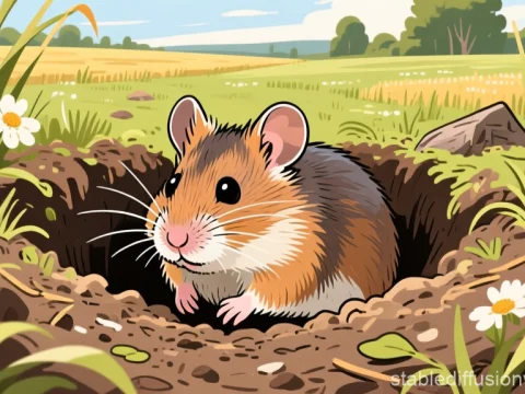 Cute Hamster Emerging from Its Hole in a Sunny Field