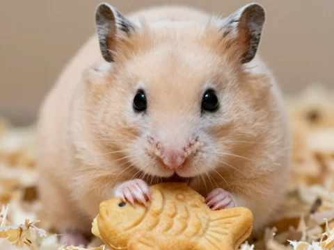 Cute Hamster Holding a Fish-Shaped Cookie