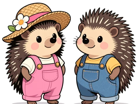 Cute Hedgehogs in Colorful Overalls