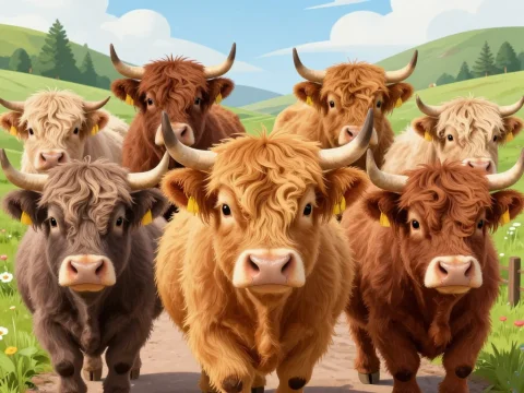 Cute Highland Cows on a Sunny Countryside Path