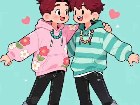 Cute Hipster Couple in Colorful Hoodies Cartoon