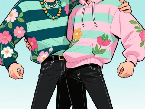 Cute Hipster Couple in Floral Sweaters Embracing