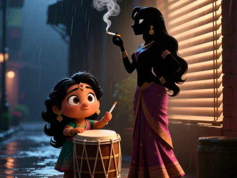 Cute Indian Drummer Girl with Silhouette Woman Smoking in Rain