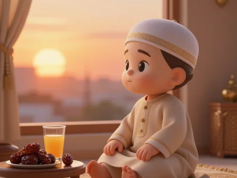 Cute Islamic Baby Sitting by Window at Sunset
