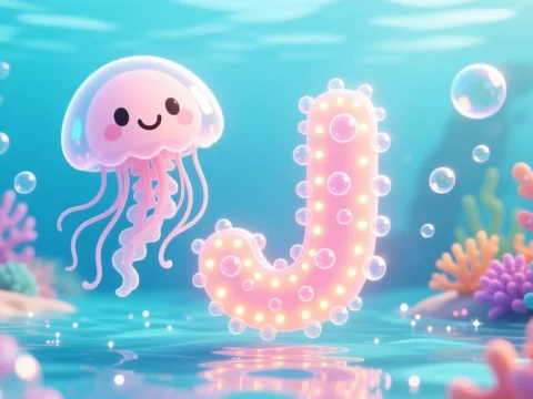 Cute Jellyfish with Bubbly Letter J Underwater