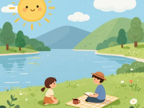 Cute Kids Enjoying a Sunny Picnic by the Lake