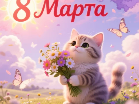 Cute Kitten Holding Flowers on 8th March Celebration