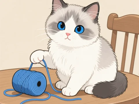 Cute Kitten Playing with Blue Yarn on Wooden Table