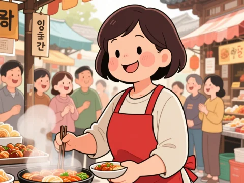 Cute Korean Vendor Serving Delicious Street Food