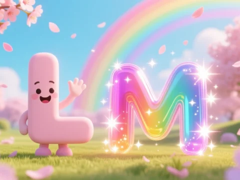 Cute Letter L Waving Goodbye Next to Sparkling Rainbow Letter M