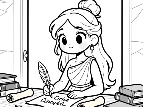 Cute Line Art of Woman Writing with Quill