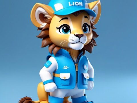 Cute Lion Character in Blue Outfit and Cap
