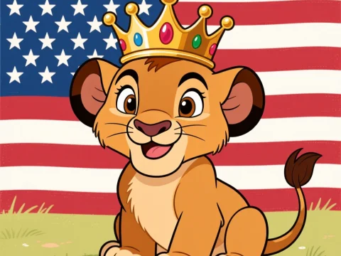 Cute Lion Cub with Crown in Front of American Flag
